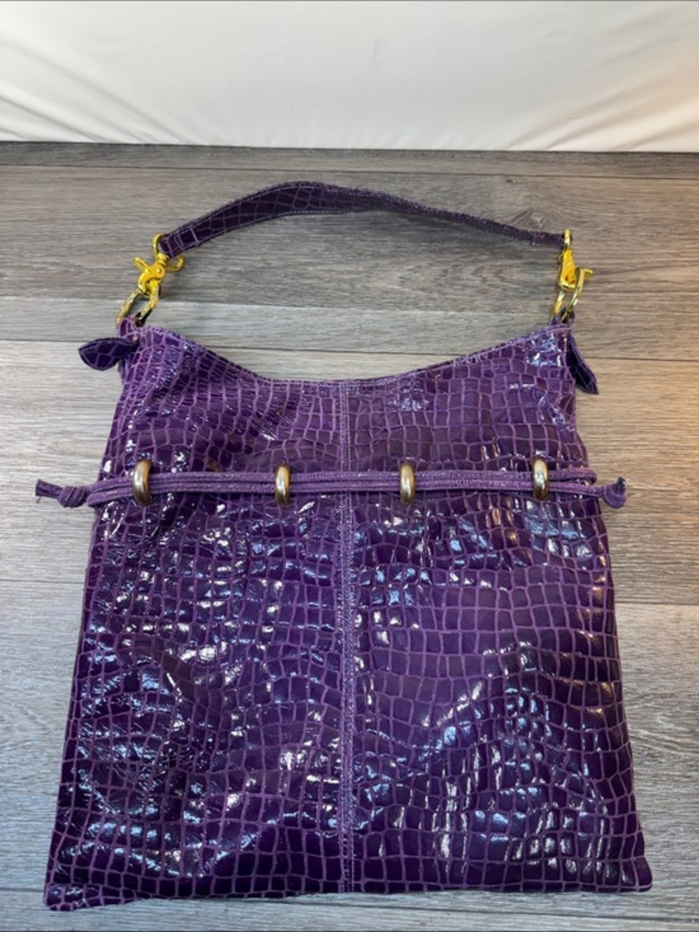 Andre Oliver Purple Croc-Embossed Shoulder Bag with Gold Hardware